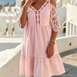 Рокля с дантела, без рамене, къса, с волани