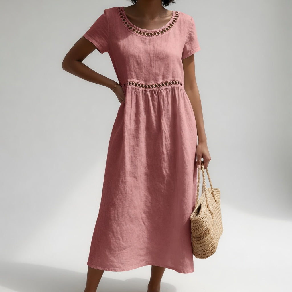 Pernelle™ — Robe mi-longue 100% coton brodée féminité douce