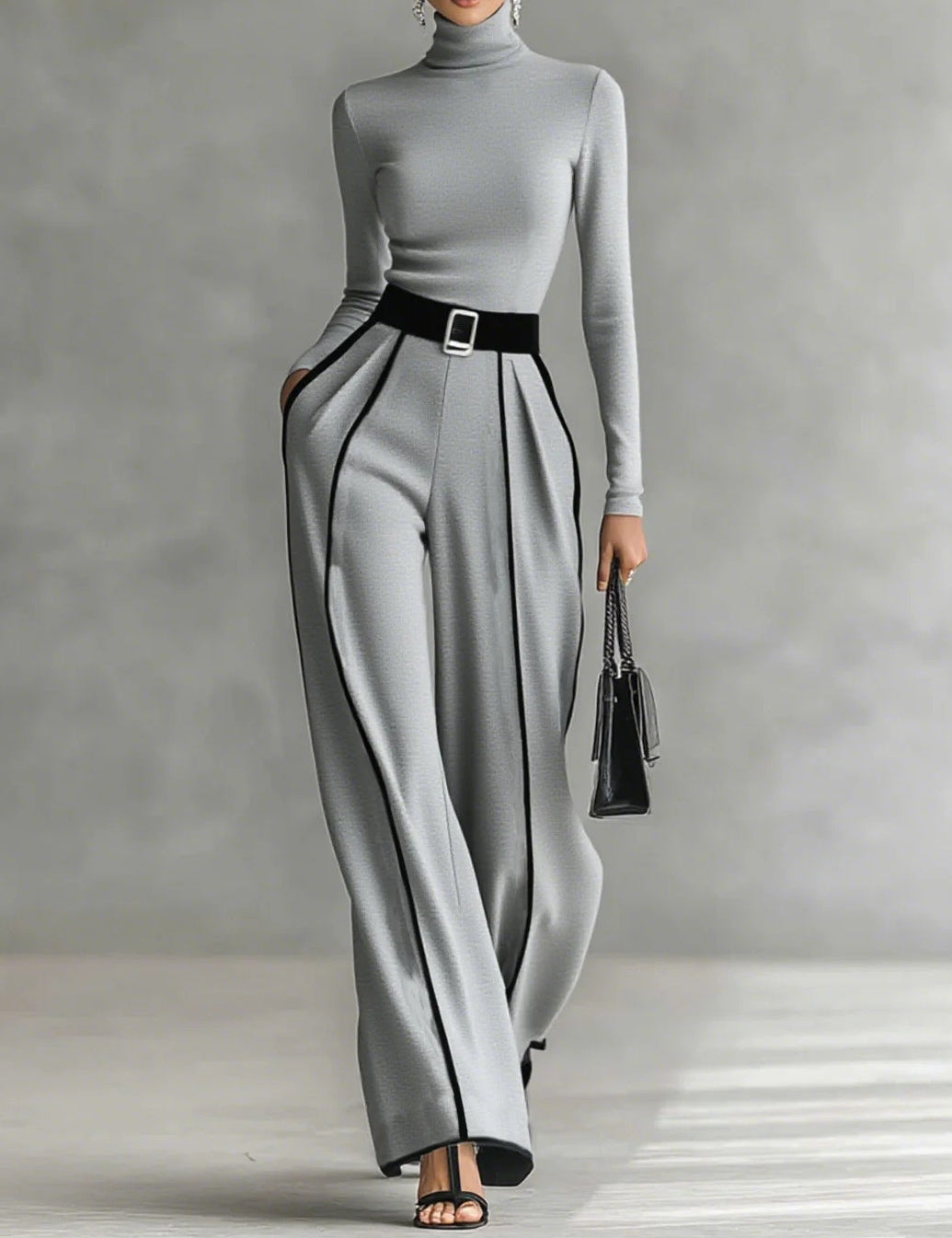 Céline | Шикозен комплект с висока яка и широки панталони