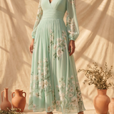 Cisella | Дълга рокля в светло зелено с цветя